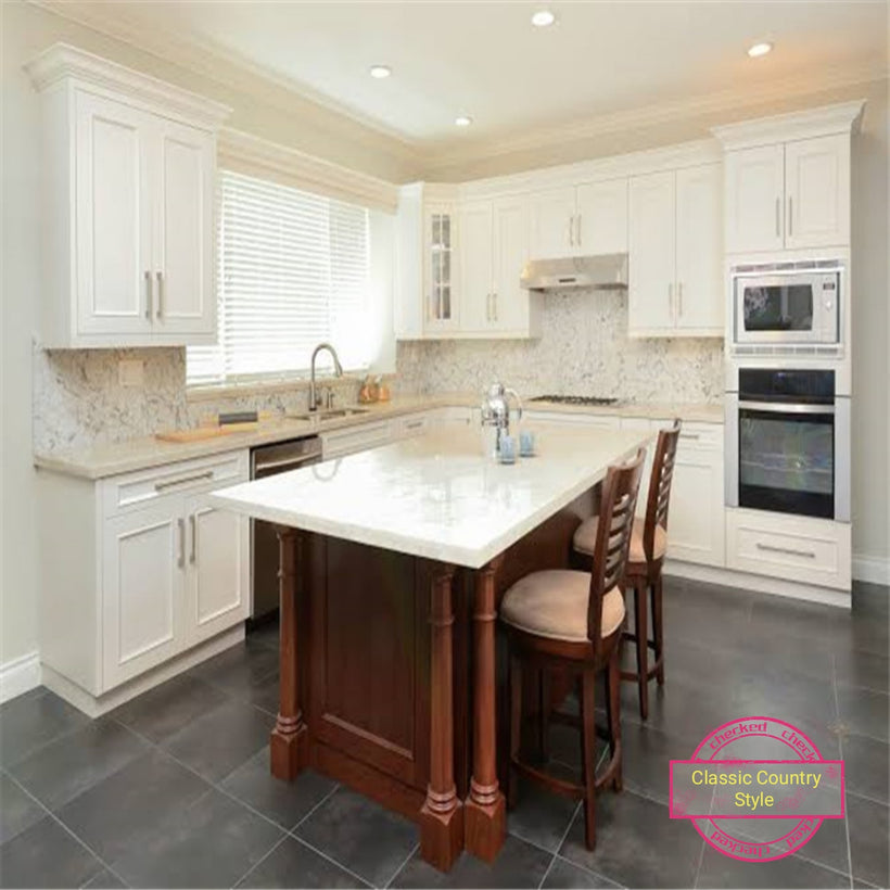 Classic All White Kitchen with Island Marble Bench Top